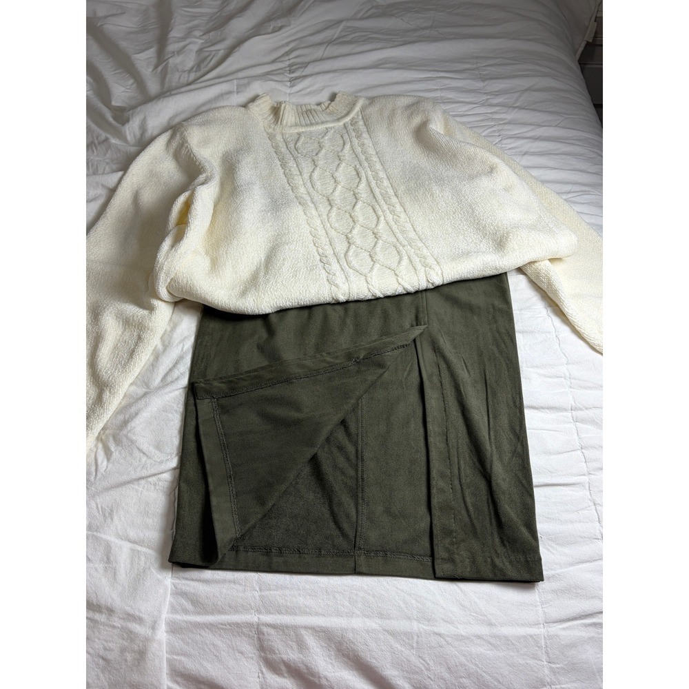 Beige by ECI Olive Green Faux Suede Midi Skirt Front Slit Size 8 Fall Chic